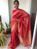Scarlet Red Organza Saree highlighted with Gold Weaves - Image 3
