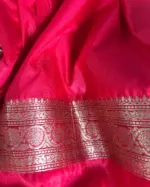 Scarlet Red Organza Saree highlighted with Gold Weaves - Image 5