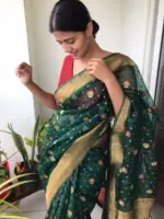 Bottle Green Organza Saree highlighted with Gold Zari and Meenakari Weaves - Image 4