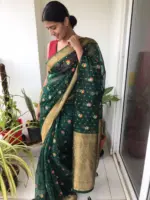 Bottle Green Organza Saree highlighted with Gold Zari and Meenakari Weaves - Image 3