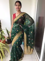 Bottle Green Organza Saree highlighted with Gold Zari and Meenakari Weaves - Image 2