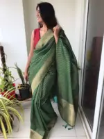 Bottle Green Organza Saree highlighted with Gold Weaves - Image 2