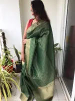 Bottle Green Organza Saree highlighted with Gold Weaves - Image 4