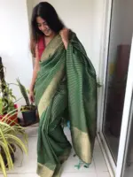 Bottle Green Organza Saree highlighted with Gold Weaves - Image 3