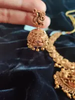 Antique Premium Gold Necklace Adorned with Lakshmi Goddess, White and Red Kemp Stones - Image 3