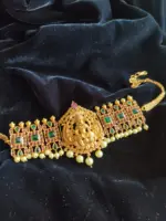 Matte Gold Choker Necklace Adorned with Lakshmi Goddess, Green and Red Kemp Stones - Image 2