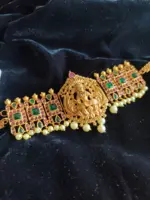Matte Gold Choker Necklace Adorned with Lakshmi Goddess, Green and Red Kemp Stones - Image 3