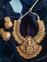 Antique Premium Gold Coin  Necklace Adorned with Lakshmi Goddess and Real Kemp Stones