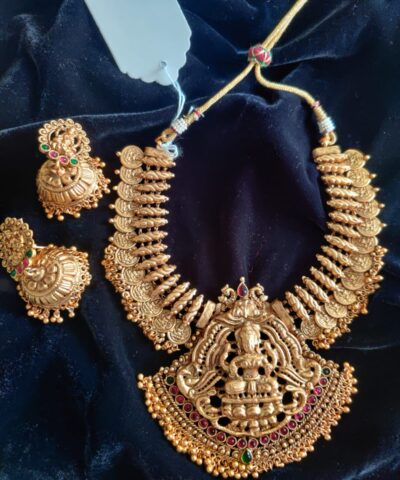 Antique Premium Gold Coin  Necklace Adorned with Lakshmi Goddess and Real Kemp Stones
