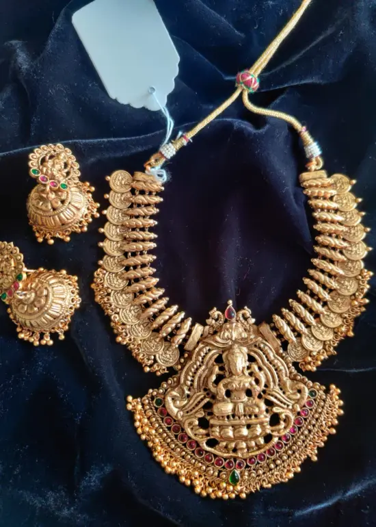 Antique Premium Gold Coin  Necklace Adorned with Lakshmi Goddess and Real Kemp Stones