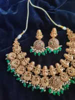 Premium Exclusive Gold Bridal Necklace Adorned with Lakshmi Goddess, Pakshi Pendants highlighted with Pearls and Green Beads and Real Kemp Stones - Image 4