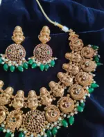 Premium Exclusive Gold Bridal Necklace Adorned with Lakshmi Goddess, Pakshi Pendants highlighted with Pearls and Green Beads and Real Kemp Stones - Image 2