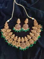 Premium Exclusive Gold Bridal Necklace Adorned with Lakshmi Goddess, Pakshi Pendants highlighted with Pearls and Green Beads and Real Kemp Stones - Image 3
