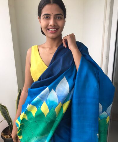 Ombre Blue Handpainted Pure Silk Saree