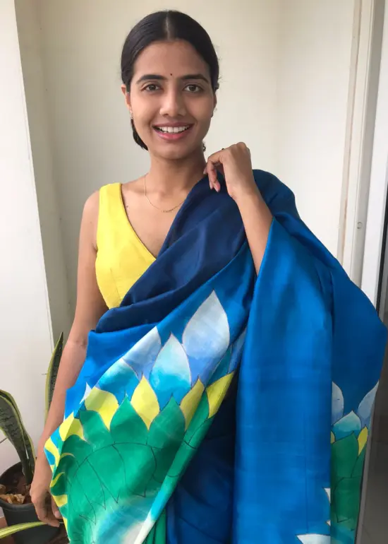 Ombre Blue Handpainted Pure Silk Saree