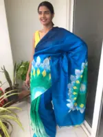 Ombre Blue Handpainted Pure Silk Saree - Image 3