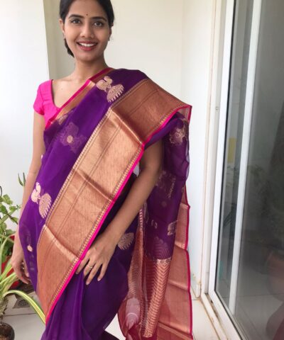 Purple Organza Silk Saree highlighted with Kanchi Zari Border