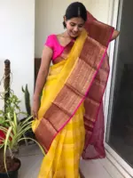 Yellow Organza Silk Saree highlighted with Kanchi Zari Border - Image 3