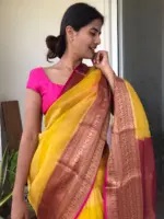 Yellow Organza Silk Saree highlighted with Kanchi Zari Border - Image 6