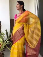 Yellow Organza Silk Saree highlighted with Kanchi Zari Border - Image 4