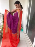 Purple Chiffon Silk Saree highlighted with Striped Body and contrast edging - Image 5
