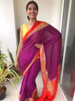 Purple Chiffon Silk Saree highlighted with Striped Body and contrast edging - Image 2