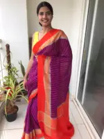 Purple Chiffon Silk Saree highlighted with Striped Body and contrast edging - Image 3