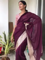Burgundy Chiffon Silk Saree adorned with Antique Zari Weaves - Image 2