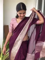 Burgundy Chiffon Silk Saree adorned with Antique Zari Weaves - Image 5