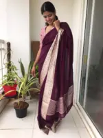 Burgundy Chiffon Silk Saree adorned with Antique Zari Weaves - Image 3