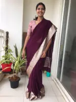 Burgundy Chiffon Silk Saree adorned with Antique Zari Weaves - Image 4