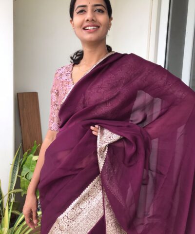Burgundy Chiffon Silk Saree adorned with Antique Zari Weaves