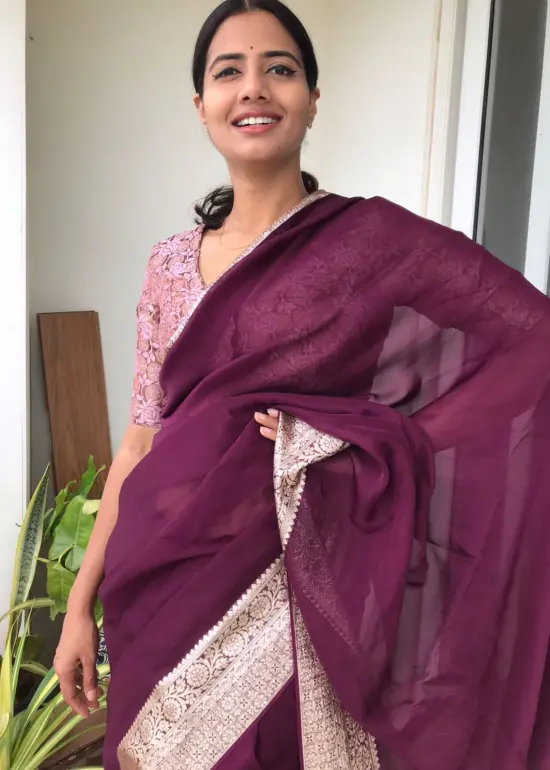 Burgundy Chiffon Silk Saree adorned with Antique Zari Weaves