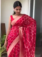 Scarlet Red Organza Saree highlighted with Mughal Zari Weaves