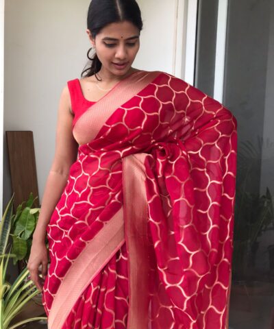 Scarlet Red Organza Saree highlighted with Mughal Zari Weaves