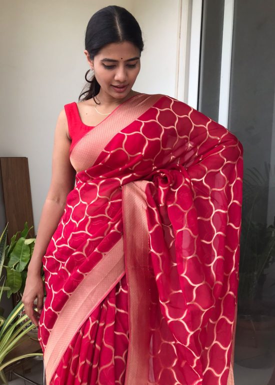 Scarlet Red Organza Saree highlighted with Mughal Zari Weaves