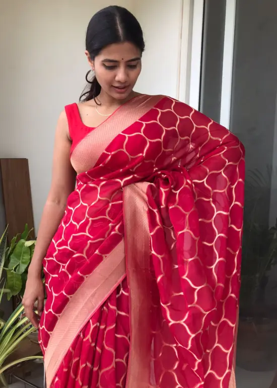 Scarlet Red Organza Saree highlighted with Mughal Zari Weaves