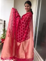 Scarlet Red Organza Saree highlighted with Mughal Zari Weaves - Image 2