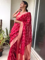Scarlet Red Organza Saree highlighted with Mughal Zari Weaves - Image 4