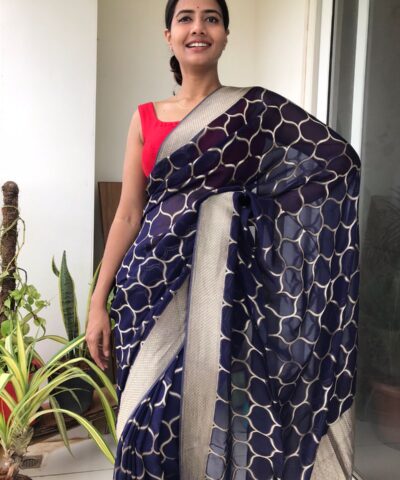 Navyblue Organza Saree highlighted with Mughal Inspired Zari Weaves