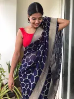 Navyblue Organza Saree highlighted with Mughal Inspired Zari Weaves - Image 4