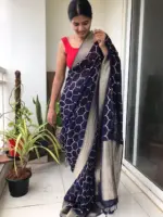 Navyblue Organza Saree highlighted with Mughal Inspired Zari Weaves - Image 2
