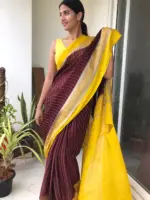 Brown Chiffon Silk Saree highlighted with Striped Body and contrast edging - Image 4