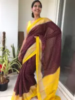 Brown Chiffon Silk Saree highlighted with Striped Body and contrast edging - Image 3