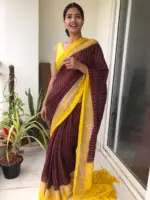 Brown Chiffon Silk Saree highlighted with Striped Body and contrast edging - Image 2