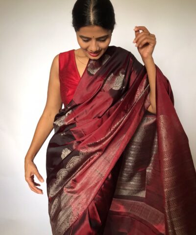 Maroon Kanjivaram Silk Saree with Silver Zari Weaves