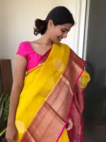 Yellow Organza Silk Saree highlighted with Kanchi Zari Border - Image 3
