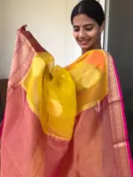 Yellow Organza Silk Saree highlighted with Kanchi Zari Border - Image 2