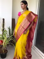 Yellow Organza Silk Saree highlighted with Kanchi Zari Border - Image 6