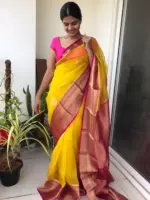 Yellow Organza Silk Saree highlighted with Kanchi Zari Border - Image 5